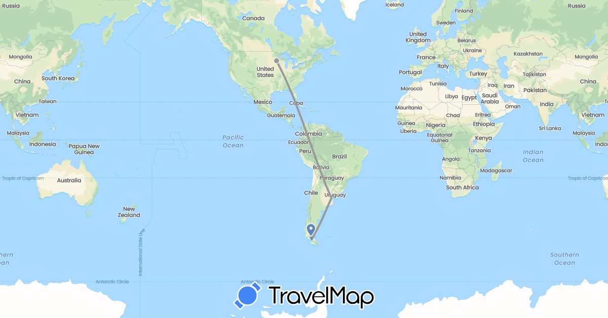 TravelMap itinerary: driving, plane, cycling in Argentina, Chile, United States (North America, South America)